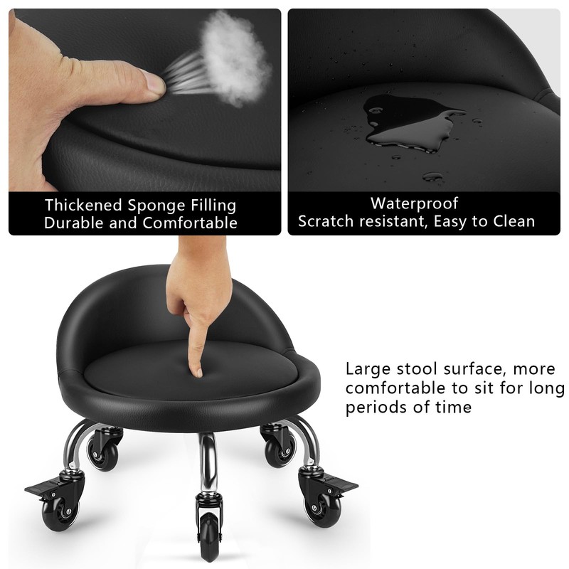 LWADALN Rolling Stool with Backrest Low Height Rolling Stool with