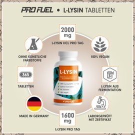 L-lysine tablets 365x - optimally high dose with 2000 mg lysine HCL per day, of which 1600 mg pure L-lysine - essential amino acid from fermentation - 100% vegan - laboratory tested with certificate