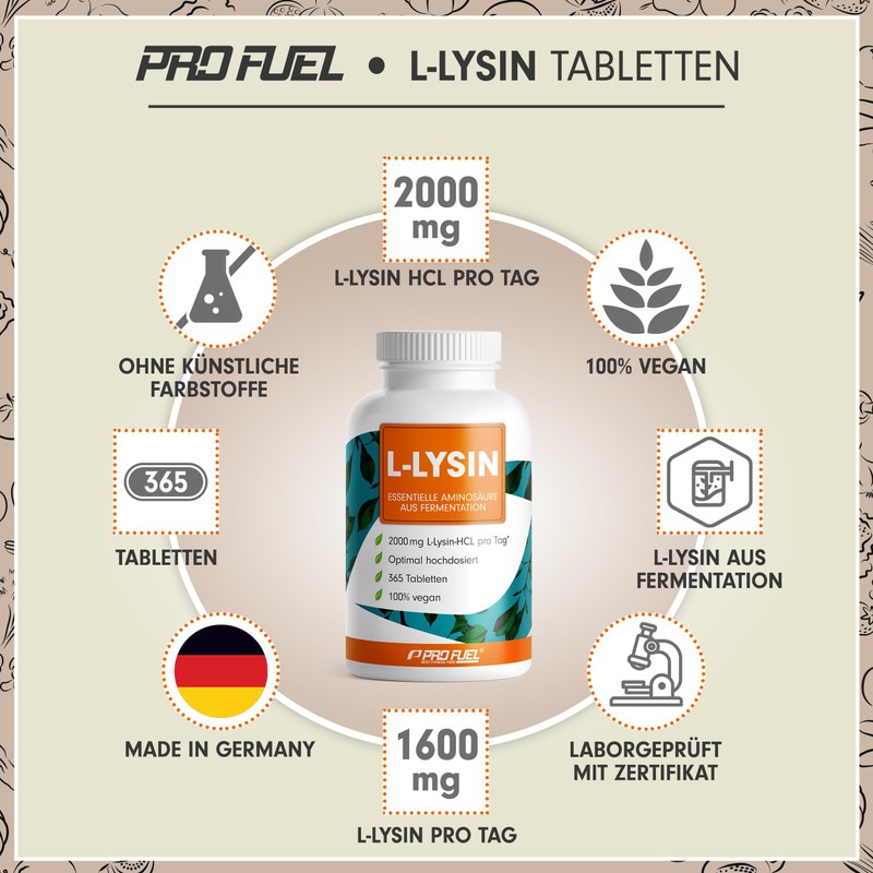 L-lysine tablets 365x - optimally high dose with 2000 mg