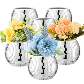 6 Pcs Disco Ball Vase Disco Ball Planter for Centerpieces Disco Ball Decor Flower Vase with Silver Mirror Glass for Wedding, Birthday, Party (3" X 4")