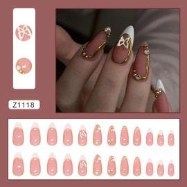 Almond French Tip Press on Nails Medium Fake Nails with 3D Butterfly Rhinestone Designs Glossy Acrylic Nails Cute Glue on Nails Full Cover Artificial False Nail Almond Shape Nail Press ons for Women