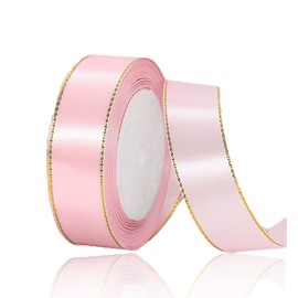 Blush Pink Satin Ribbons 1 Inch x 25 Yards, Fabric Ribbon with Gold Edges Border for Gift Wrapping, DIY Crafts, Floral Bouquets, Hair Bows, Sewing Projects, Baby Shower and Wedding Party Decorations