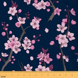 Feelyou Sakura Floral Fabric by The Yard, Blossom Flowers Upholstery Fabric for Chairs, Original Botanical Branches Decorative Fabric for Upholstery and Home DIY Projects, 1 Yard, Blue Pink