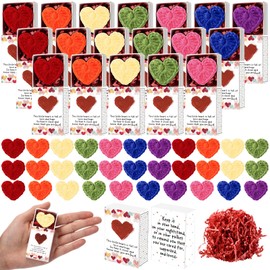 Wettarn 42 Sets Valentine's Day Pocket Hug Gifts Bulk 42 Cute Hand Crochet Heart with 42 Greeting Box Inspirational Long Distance Relationship Romantic Gift for Classroom Students Coworkers Office