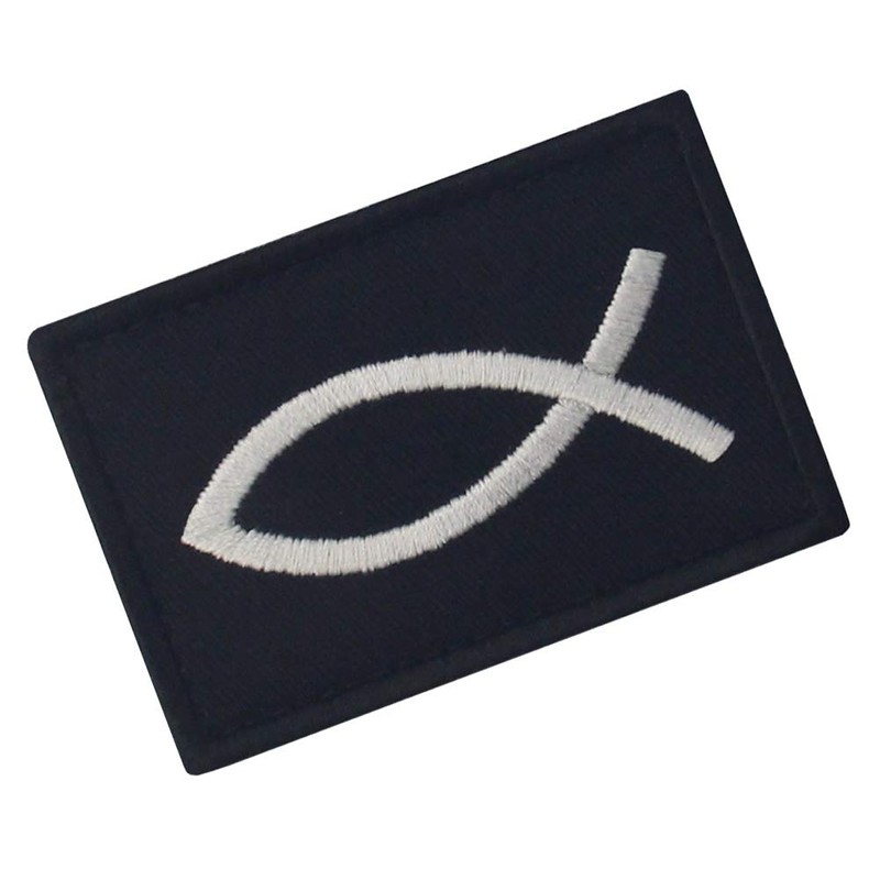 Jesus Fish Ichthys Embroidered Velcro Patch, Black and White