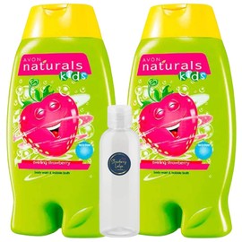 Kids Swirling Strawberry Body Wash & Bubble Bath Bundle - 2 x 250ml + Bonus 50ml Refillable Travel Size Bottle | Tear Free | Cruelty Free