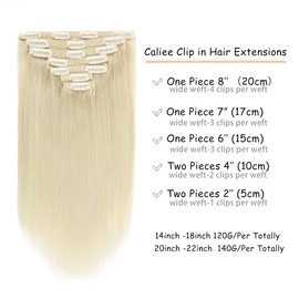 Caliee 14 Inch Clip in Hair Extensions Human Hair Color 60A Platinum Blonde Double Weft Real Hair Extensions Clip in 7Pcs Human Hair Extensions Lace Straight Invisible Clip in Hair Extension 120G