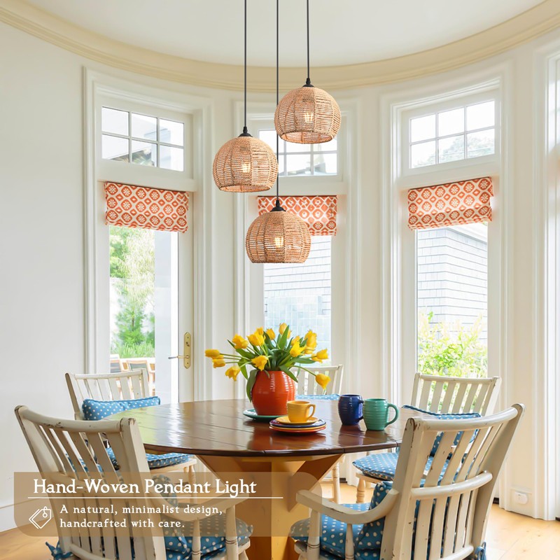 3-Light Mini Hemp Rope Woven Pendant Light Kitchen Island,3 Dome