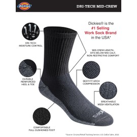 Dickies Dri-tech - Calcetines para hombre con control de humedad y longitud media, Longitud cómoda Negro (6 pares), M