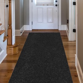 Ottomanson Solid Design Non-Slip Rubberback 3x20 Indoor/Outdoor Waterproof Runner Rug for Hallway, Kitchen, Living Room, Garage, Patio, 2'7'' x 20', Black