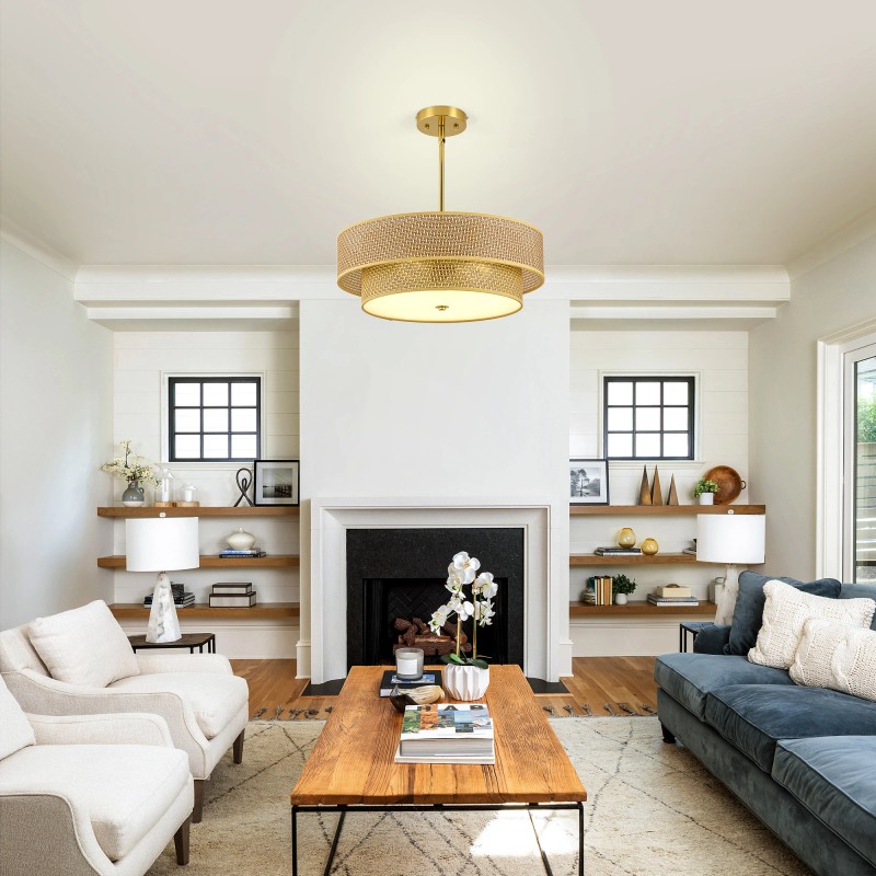 17.7 Inch Woven Rattan Linen Semi Flush Mount Ceiling Light