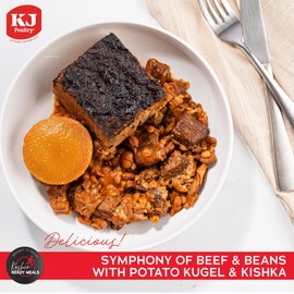 KJ Poultry Kosher Ready Meals - Beef Chulent & Kugel, MRE Meat Meals Ready to Eat, Shabbos Food (2 Pack) Prepared Entree Fully Cooked, Shelf Stable Microwave Dinner Travel, Military, Camping, Survival