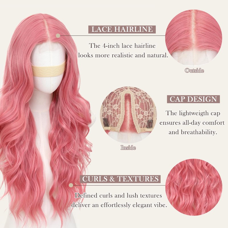 JSDshine Pink Wigs for Women Long Wavy Pink Wig with