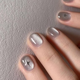Cat' Eyes Press On Nails, Glue on Nails Stick on Nails Fake Nails, Short Square Almond Ballet Shape, False Nails on 24PCS (Grey Star)