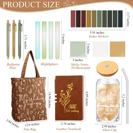 Havawish Book Lovers Gifts Aesthetic 16 oz Glass Cup Canvas Bag A6 Journal Teacher Notebook Ballpoint Pens Sticky Notes Highlighters Library Lovers Month for Librarians Students(Brown)
