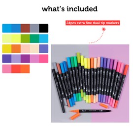 Incraftables Dual Tip Markers (24 Colors) for Coloring, Brush Tip, No Bleed - Assorted, Waterproof Brush Pens for Coloring Books- Markers for Adults & Kids