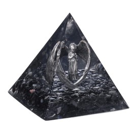 KYEYGWO Obsidian Crystal Pyramid Stone with Carved Copper Angel Figure, Healing Stone Guardian Angel Pyramids Positive Energy Pyramid Happiness Peace Angel Statue Ornament for Home Decor