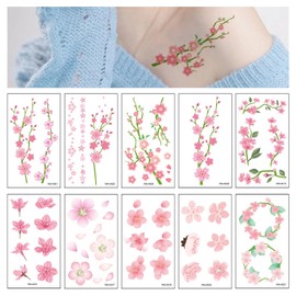 TVETE 10pcs Color Tattoo Cherry Blossom Tattoo Stickers Waterproof Cute Long Lasting Durable Branch Single Flower Bracelet Tattoo Sticker Necklace Clavicle Arm Ankle Easy to Use Beautiful Daily Life