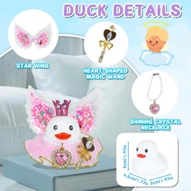 Queen Rubber Duck Car Ornaments Squeaky Pink Duck with Heart-Shaped Crystal Necklace,Star Wings,Magic Wand Ducky Car Dashboard Decorations Party Favors Ducky with Mini Crown Dress