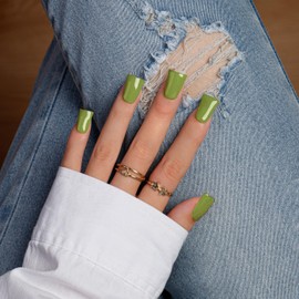 KQueenest Bright Green Press on Nails Medium Duck Shape, Light Green False Nails with Glue, Glossy Opaque, Solid Square Fake Nails Press ons, Reusable Soft Gel Stick on Nail for Women, 24 Pcs, Matcha