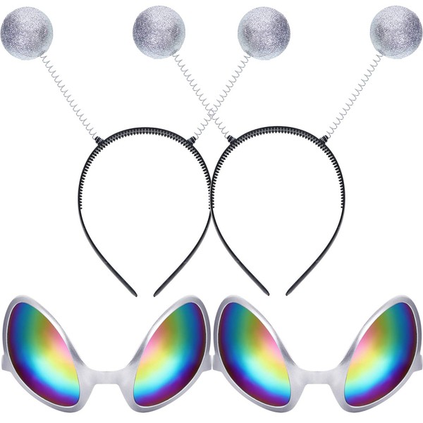 2 Pairs Alien Glasses Silver Glasses with Rainbow Color Lens and 2 Pieces Martian Antenna Headband Boppers for Adults and Kids Party Favors