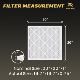MervKing 20x20x1 Air Filter | MERV 8 | MPR 600-700 Ultra Plus | 6-Pack | Pleated HVAC AC Furnace Replacement Air Filters | Actual Size: 19.7" x 19.7" x 0.75"