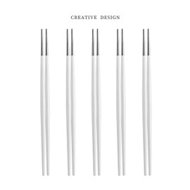 Chanjiso Creative Metal Chopsticks,5 Pairs 304 Stainless Steel Japanese Pointed Sushi Tableware Non Slip Chopsticks Gift… (Five white silver heads)
