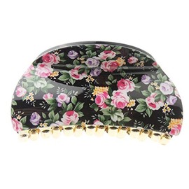 Women Girls Wave Jaw Clip Octopus Clamp Grip Bridal Wedding Party Styling Fine Thin Hair Accessories Butterfly claw Roses Floral Flowers Print (Black)
