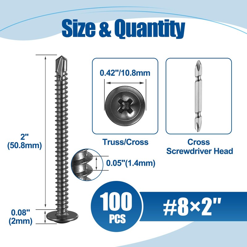 ANCHOREASE #8×2″ Sheet Metal Screws 100Pcs, 410 Stainless Steel Self