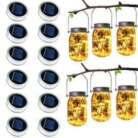 Upgraded Solar Mason Jar Lighs Warm White 12 Pack of 30 LED String Firefly mason Jar lid Lights, Including 12 Hangers (Excluding Jars), Best for, Terrace Garden Decoration