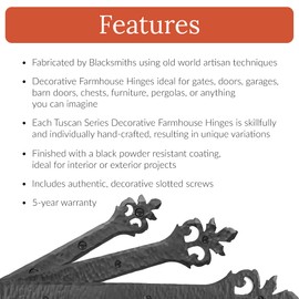 4 Pack 9 inch Faux Door Hinges Black Decorative Strap Hinge Wrought Iron Strap Barn Door Strap Hinges, Farm Gate Hinge, Carriage Door Hardware The Tuscan Series by Borderland Rustic Hardware