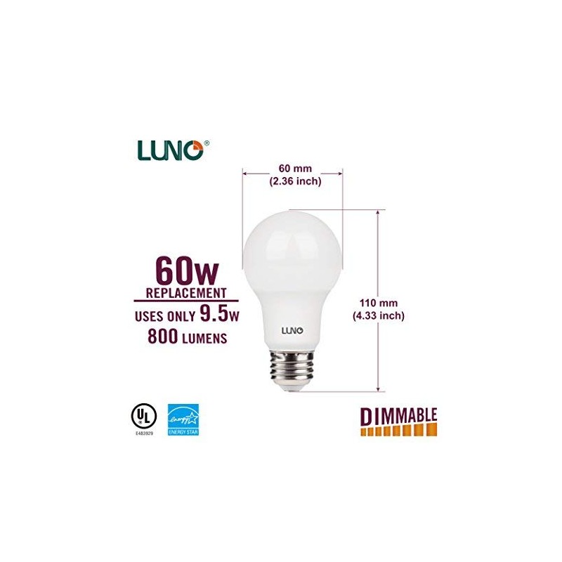 LUNO A19 Dimmable LED Bulb, 9.5W (60W Equivalent), 800 Lumens,