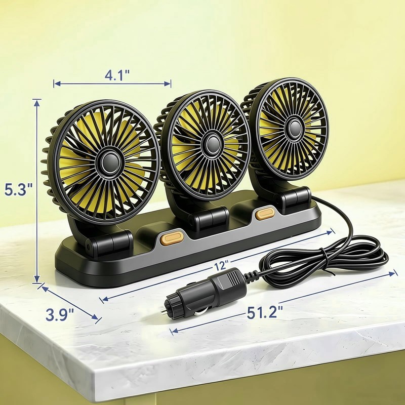 Glatiaofy 12V Car Cooling Three-Head Fan, 360° Rotation, 2-Speed Adjustable,