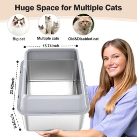 TownTime Stainless Steel Litter Box with Lid,Metal Litter Box for Big Cats,Extra Large Litter Box with High Sided,XL Cat Litter Box,Non-Sticky,Anti-Leakage,Easy to Clean (Grey)