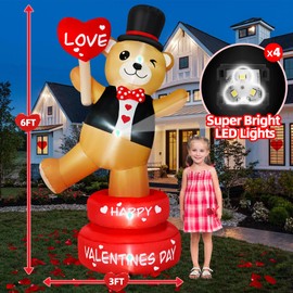 B&D 6FT Valentine Inflatables Outdoor Decorations, Rotating Valentines Bear Inflatable Stands on The Turntable Built-in LEDs Valentines Blow Up Yard Decorations for Party Wedding Propose Garden Lawn