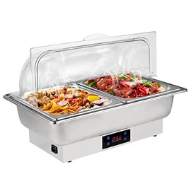 Roll Top Chef Chafing Dish Buffet Set 2 Pan Food Warmer Buffet Servers and Warmers Digital Display Temperature Warming Tray Bain Marie Food Warmer for Parties Commercial Food Steam Table