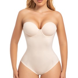 Slimers Strapless Shapewear Seamless Bodysuits - Tummy Control Sculpt Body Shaper : Beige Removable Straps Thong Butt Lifting Shapewear