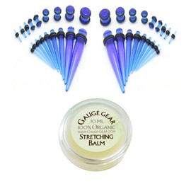 Zaya Body Jewelry 36pc Ear Stretching Starter Kit Blue Gauges 14g-00g Plus Instructions Gauge Gear Lube