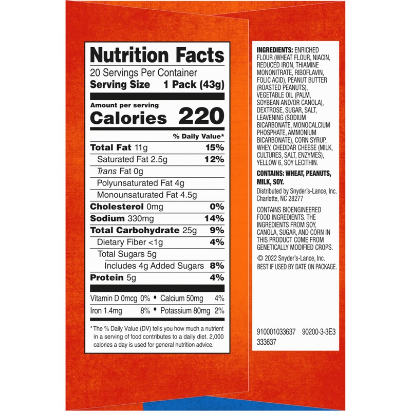 Lance Sandwich Crackers, ToastChee Peanut Butter, 20 Individually Wrapped Packs,