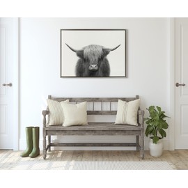 Kate and Laurel Sylvie Hey Dude Highland Cow BW Framed Linen Textured Canvas Wall Art by The Creative Bunch Studio, 28x38 Gray, Chic Farm Animal Art for Wall