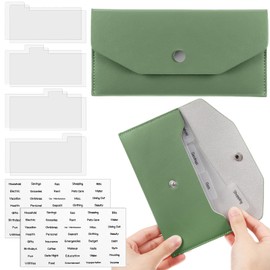 Frienda 1 Cash Envelope Wallet PU Leather Reusable Budget Envelope 8 Cash Dividers 2 Sheets Category Sticker Labels for Wallets Bill Planner(Sage Green,Classic)