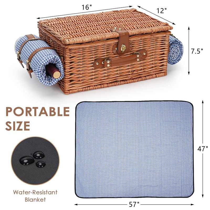 Picnic Basket for 2, Insulated Willow Picnic Baskets with Shoulder