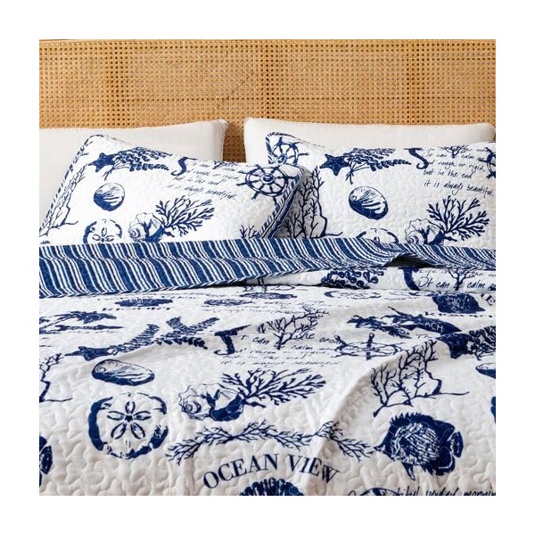 Great Bay Home Twin Coastal Quilt Bedding Set, Summer Coastal Quilt with Sham, Beach 2-Piece Reversible All Season Bedspread Quilt Set. Lightweight Nautical Quilted Coverlet. Catalina Collection, Navy