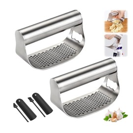 Knoblauchpresse Edelstahl 2 Stück Knoblauchpresse Wippe Robuster Edelstahl Garlic Press Knoblauchzerkleinerer mit Schäler und Reinigungsbürste zum Zerkleinern von Knoblauch