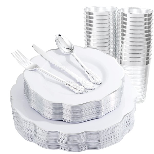 BUCLA 30Guests Silver Plastic Plates with Disposable Plastic Silverware include 30 Dinner Plates, 30 Salad Plates, 30 Forks, 30 Knives, 30 Spoons,30Cups for Wedding and Party
