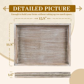 MAONAME Wood Decorative Tray, Farmhouse Wooden Tray for Coffee Table, Rustic Rectangle Tray with Beads, Wash White Serving Tray for Living Room, Kitchen, 15.8" X 11.8" X 1.6"