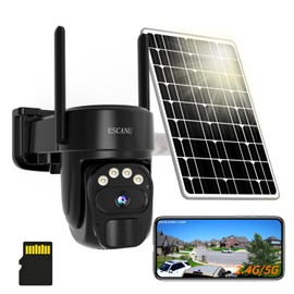 ESCANU Security Cameras Wirelss Outdoor Solar Powered for Home Security,360 View Outside Camera with SD Card, 5G/2.4GHz WiFi,Motion Detection,IP-65 Weather Proof,No Subscription Fee