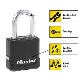 Master Lock Black Outdoor Key Lock, Heavy Duty Weather Resistant Padlock with Cover, Keyed Alike Padlocks for Outdoor Use, 4 Pack, M115XQLF