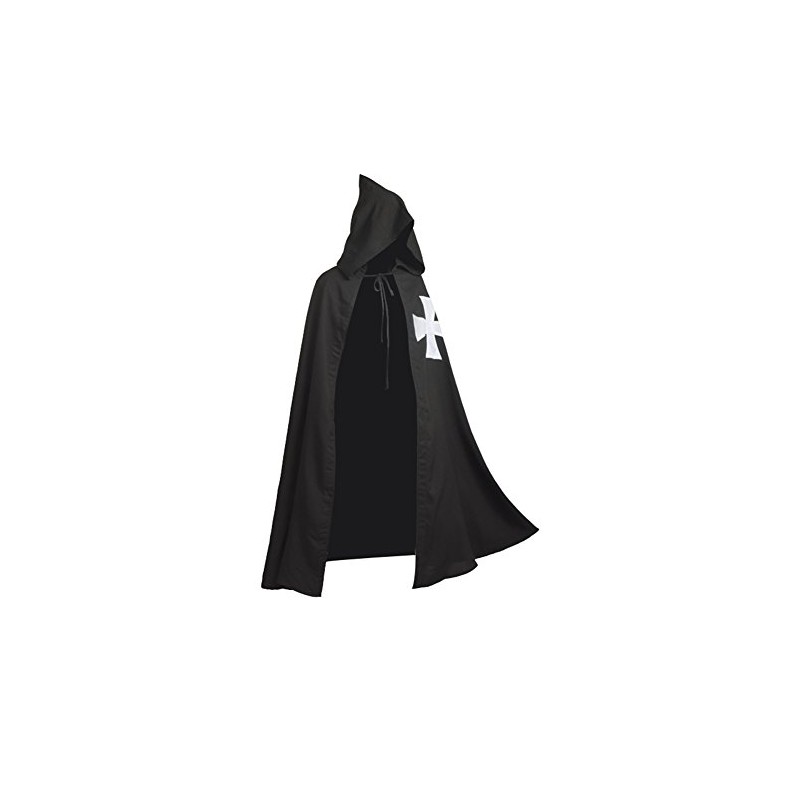 BLESSUME Medieval Knights Templar Hospitaller Hooded Cape (Black 1)