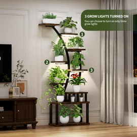 Baisha 9-Tiered Indoor Plant Stand with 5 Grow Lights, Adjustable Lighting Modes, 10-Level Dimming & 3 Timer Settings,for Living Room, Office(Brown, 20.6" L×11.2" W×63.5" H).